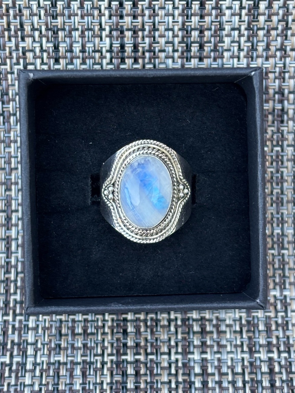 Silver Moonstone Oval Statement Ring - Blue Flash Size 7.75